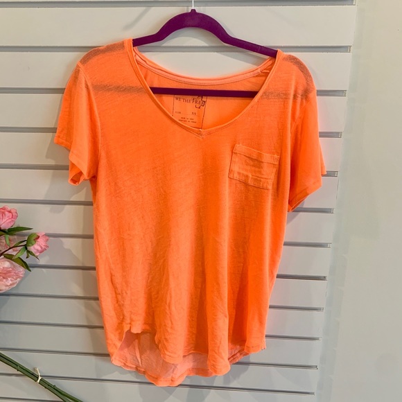 Free People Vneck tshirt neon orange/ peach - Picture 3 of 8